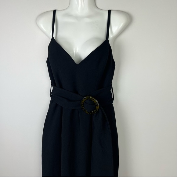 Shona Joy Andrea Fitted Cocktail Dress Black Belt Waist Midi Slit Size S 8 - Picture 6 of 11